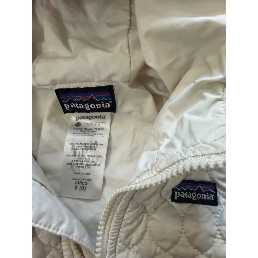 Patagonia Girls S 8 Ivory Quilted Hooded Full Zip Jacket Ivory 68015